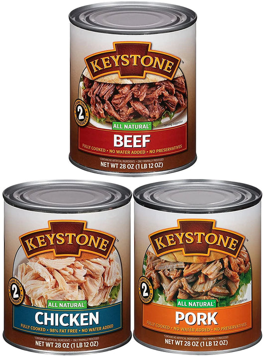 (9 Cans - 3 of Each) Keystone All Natural Beef, Chicken and Pork 28oz Cans Combo ✅ Emergency Survival Camping Ready to eat Long Shelf Life Food ✅