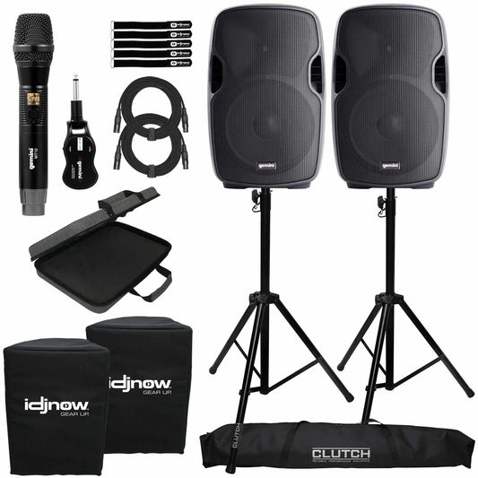 (2) Gemini AS-1500P 15" Active Speakers with GMU-M100 Single Channel UHF Microphone Package